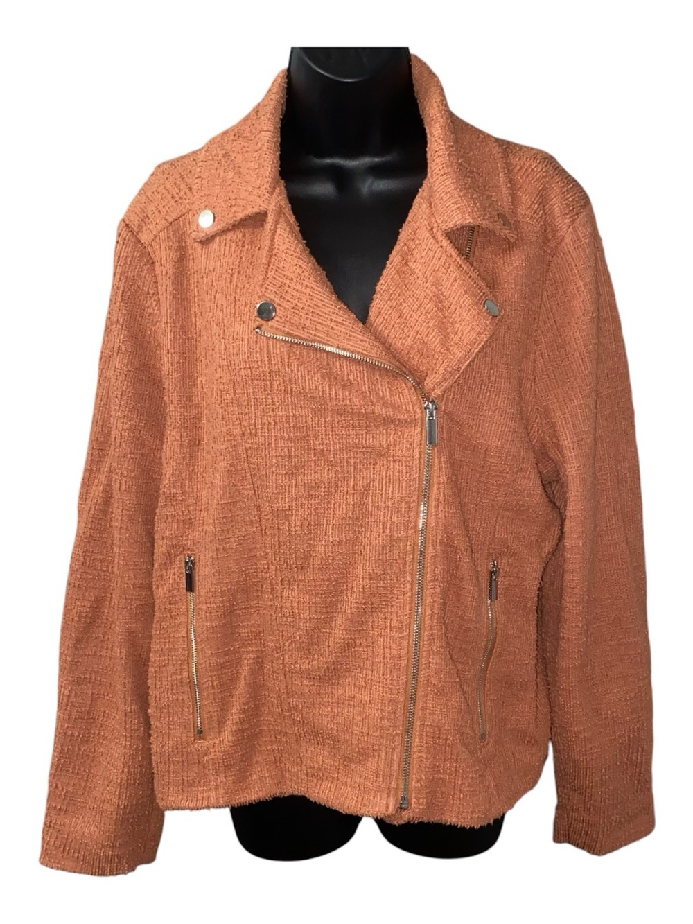 Nine West Women Textured Bouclé Tweed Asymmetrical Zip Terracotta Brown Size Xl